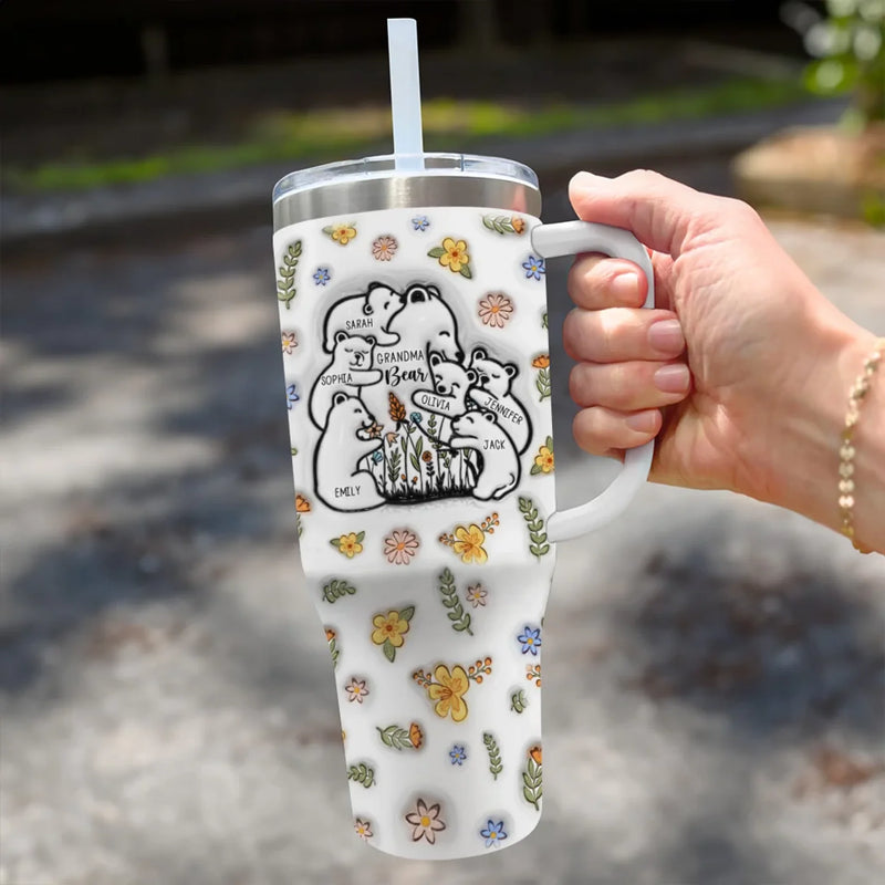 Love Grows Deeper With The Joy Of Grandkids - Family Personalized Custom 3D Inflated Effect Printed 40 Oz Stainless Steel Tumbler With Handle - Gift For Mom, Grandma
