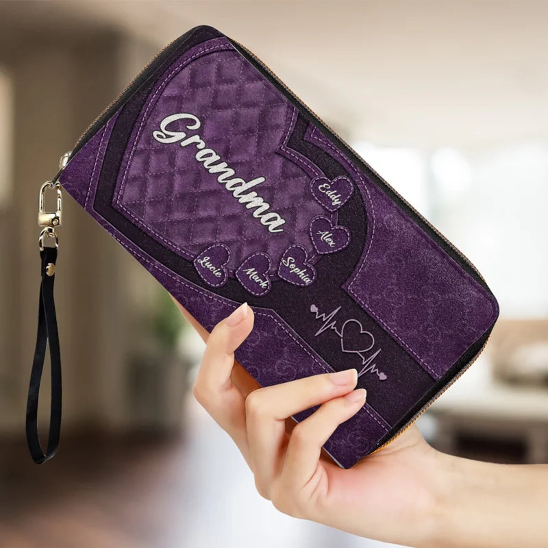Mom, You’re The Glue That Holds Us Together - Family Personalized Custom Leather Long Wallet - Gift For Mom, Grandma