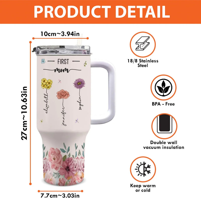 Roots Of Wisdom, Petals Of Love - Family Personalized Custom 40 Oz Stainless Steel Tumbler With Handle - Gift For Mom, Grandma
