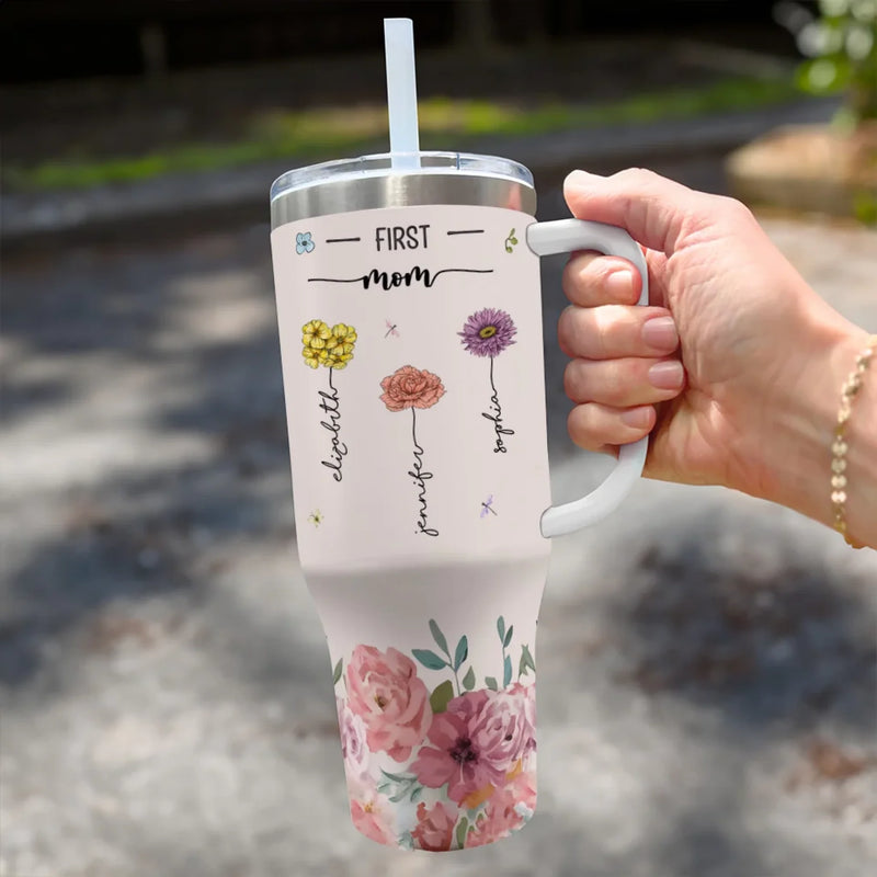 Roots Of Wisdom, Petals Of Love - Family Personalized Custom 40 Oz Stainless Steel Tumbler With Handle - Gift For Mom, Grandma