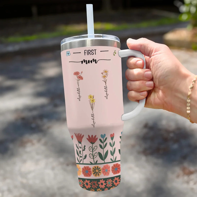 From Her Roots, We Blossom - Family Personalized Custom 40 Oz Stainless Steel Tumbler With Handle - Gift For Mom, Grandma
