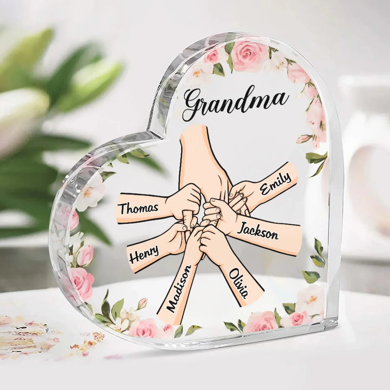 Her Hands May Be Small, But They Hold A World Of Love - Family Personalized Custom Heart Shaped Acrylic Plaque - Gift For Mom, Grandma