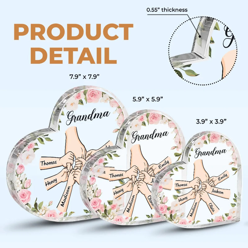 Her Hands May Be Small, But They Hold A World Of Love - Family Personalized Custom Heart Shaped Acrylic Plaque - Gift For Mom, Grandma