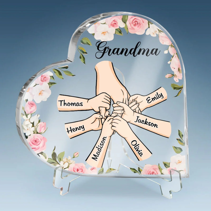 Her Hands May Be Small, But They Hold A World Of Love - Family Personalized Custom Heart Shaped Acrylic Plaque - Gift For Mom, Grandma