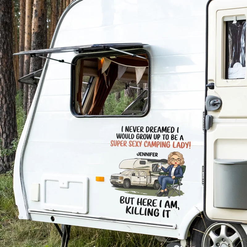 Here I Am, Owning It - Camping Personalized Custom RV Decal - Gift For Yourself, Best Friends, Siblings, Family Members, Camping Lovers