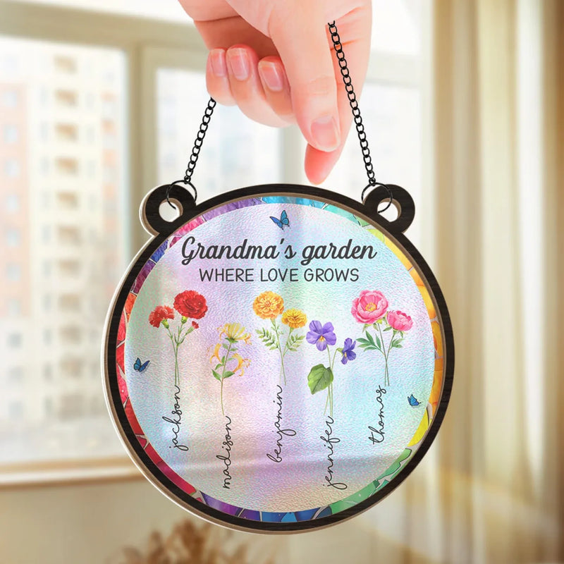 A Grandmother’s Heart Is A Garden Of Love - Family Personalized Window Hanging Suncatcher - Gift For Mom, Grandma