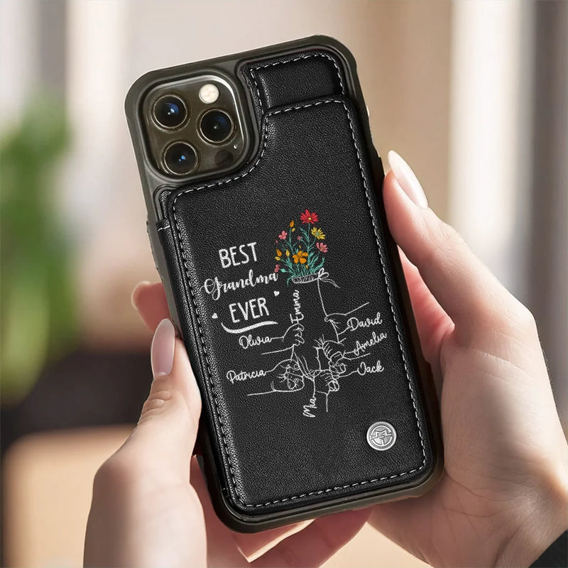 Like A Flower, Her Love Never Fades - Family Personalized Custom Leather Flip Wallet Phone Case - Mother's Day Gift For Mom, Grandma