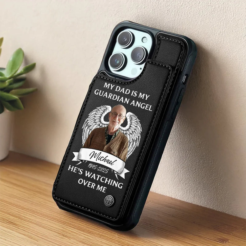 Custom Photo My Dad Is My Guardian Angel - Memorial Personalized Custom Leather Flip Wallet Phone Case - Sympathy Gift For Family Members