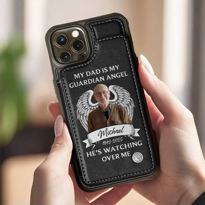 Custom Photo My Dad Is My Guardian Angel - Memorial Personalized Custom Leather Flip Wallet Phone Case - Sympathy Gift For Family Members