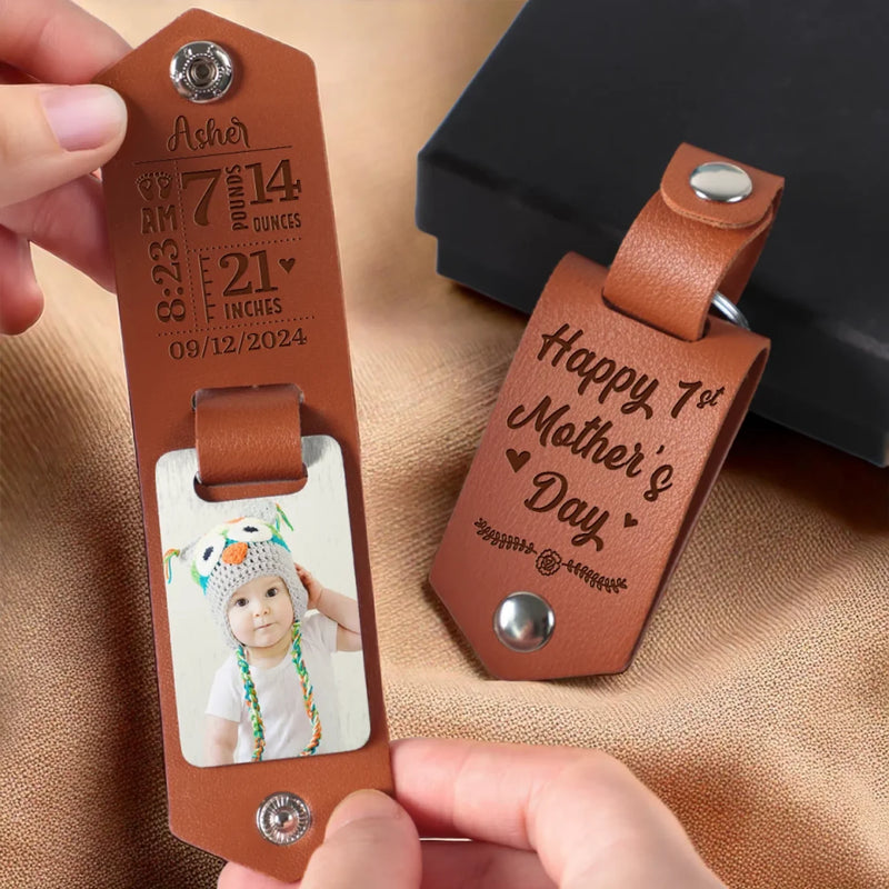 Custom Photo My Mom, My Greatest Gift - Family Personalized Custom Engraved Leather Keychain - Mother's Day, Baby Shower Gift, Gift For First Mom