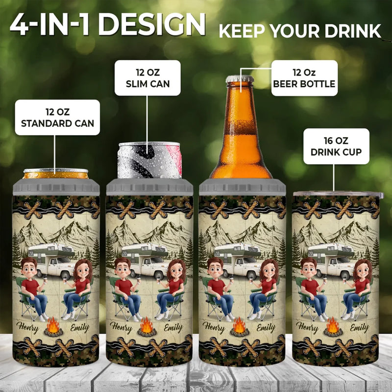 Adventure, Love, And A Campfire - Camping Personalized Custom 4 In 1 Can Cooler Tumbler - Gift For Couple, Husband Wife, Camping Lovers