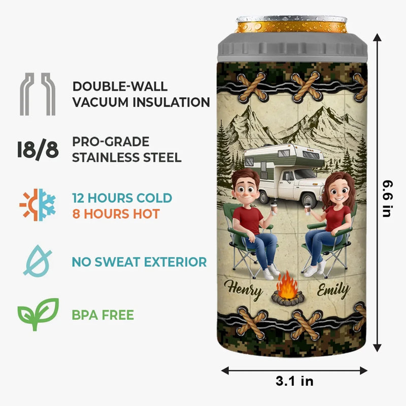 Adventure, Love, And A Campfire - Camping Personalized Custom 4 In 1 Can Cooler Tumbler - Gift For Couple, Husband Wife, Camping Lovers