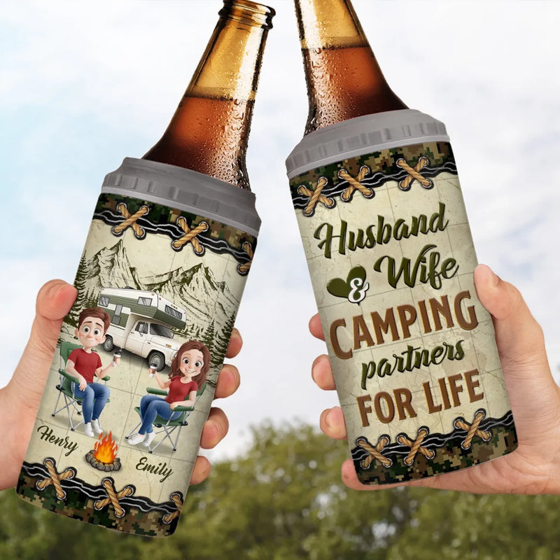 Adventure, Love, And A Campfire - Camping Personalized Custom 4 In 1 Can Cooler Tumbler - Gift For Couple, Husband Wife, Camping Lovers