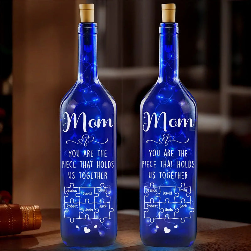 You Are The Piece That Holds Us Together - Family Personalized Custom Blue Bottle Lamp - Mother's Day, Gift For Mom, Grandma
