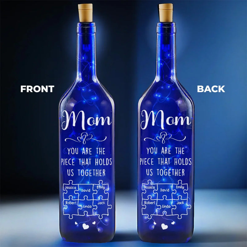You Are The Piece That Holds Us Together - Family Personalized Custom Blue Bottle Lamp - Mother's Day, Gift For Mom, Grandma