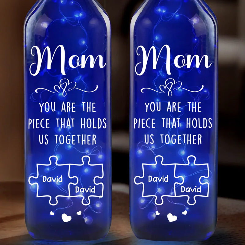 You Are The Piece That Holds Us Together - Family Personalized Custom Blue Bottle Lamp - Mother's Day, Gift For Mom, Grandma
