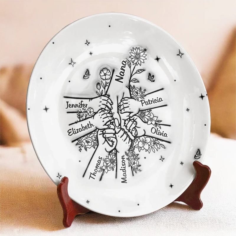 Holding Mom’s Hand, Holding Love - Family Personalized Custom 3D Inflated Effect Printed Ceramic Plate - Mother's Day, Gift For Mom, Grandma