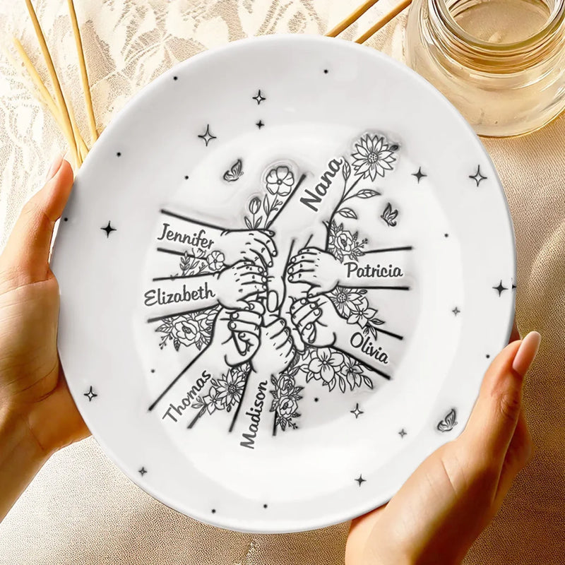 Holding Mom’s Hand, Holding Love - Family Personalized Custom 3D Inflated Effect Printed Ceramic Plate - Mother's Day, Gift For Mom, Grandma