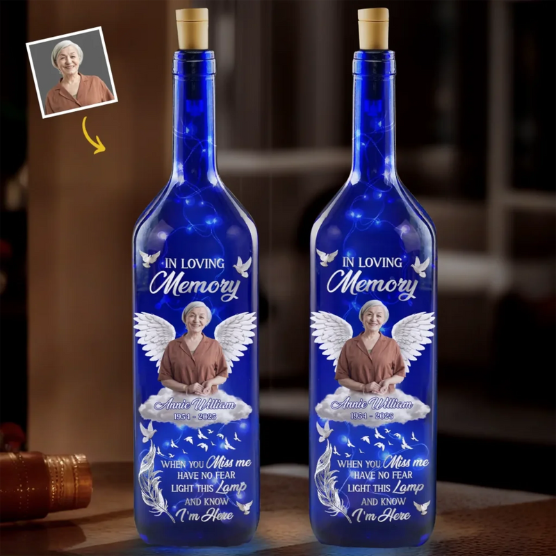 Custom Photo Though You Are Gone, Your Love Will Stay - Memorial Personalized Custom Blue Bottle Lamp - Sympathy Gift For Family Members