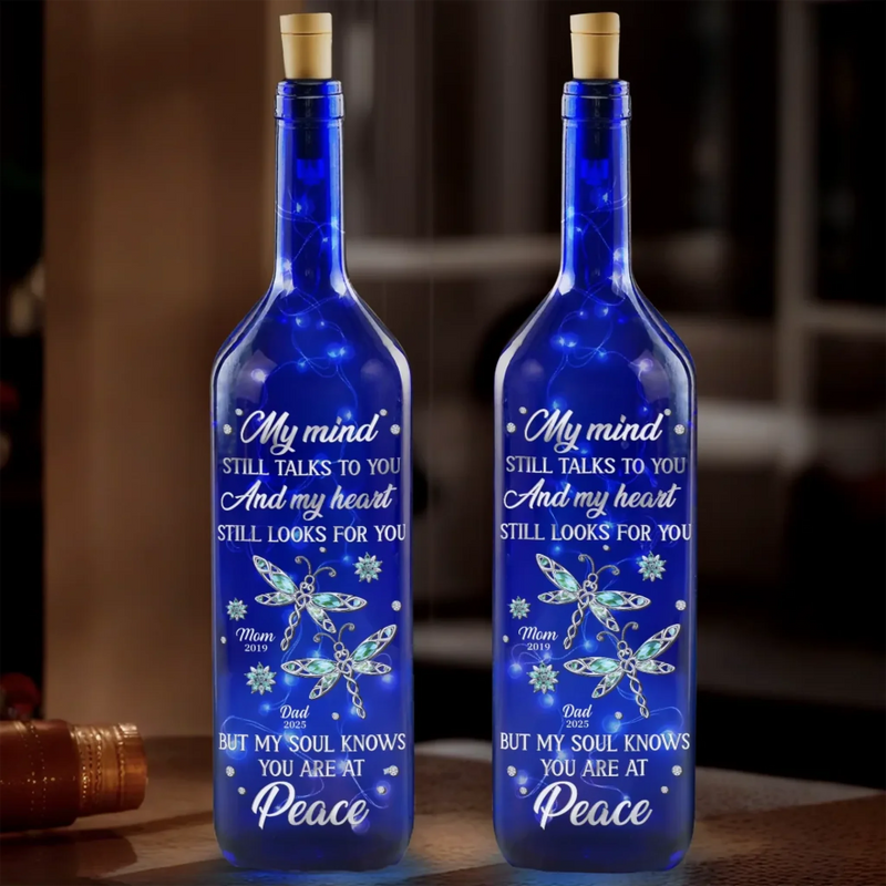 A Soul At Peace, A Love That Never Ends - Memorial Personalized Custom Blue Bottle Lamp - Sympathy Gift For Family Members