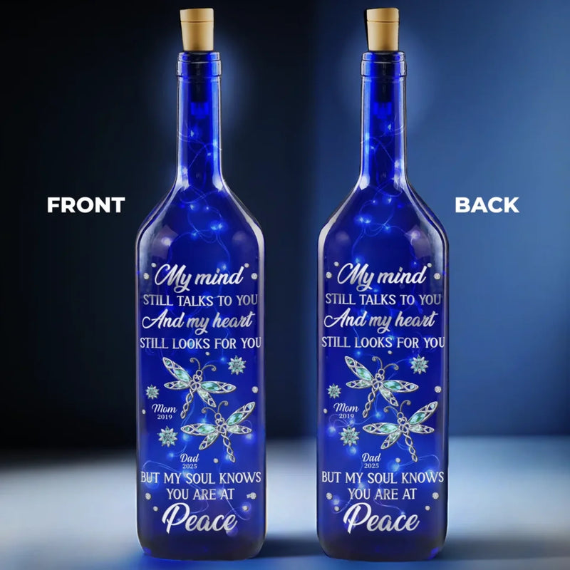 A Soul At Peace, A Love That Never Ends - Memorial Personalized Custom Blue Bottle Lamp - Sympathy Gift For Family Members