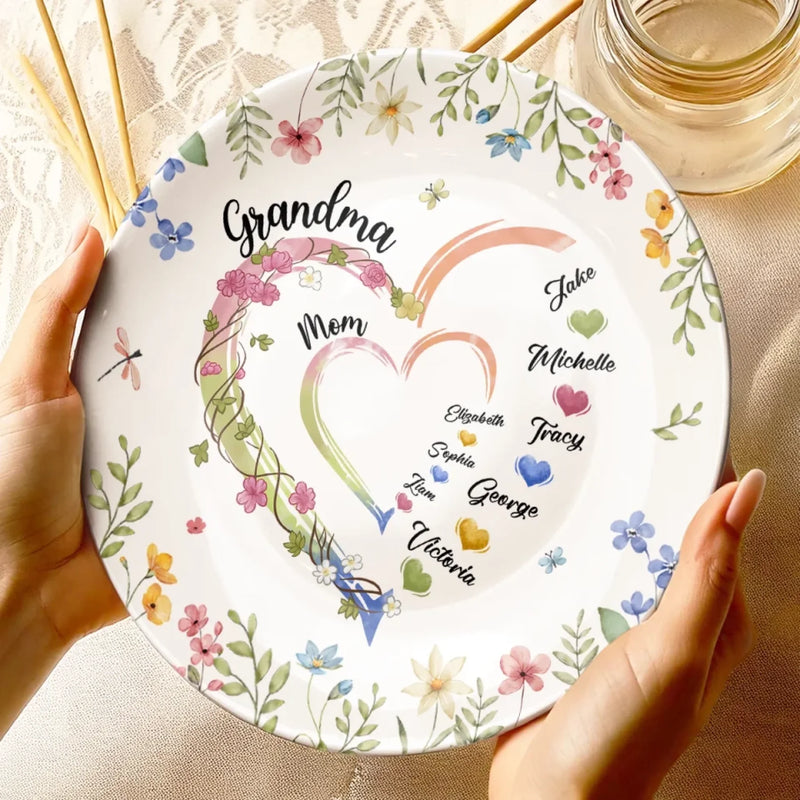 Grandma's Love Is The Heart Of Our Family - Family Personalized Custom Ceramic Plate - Mother's Day, Gift For Mom, Grandma
