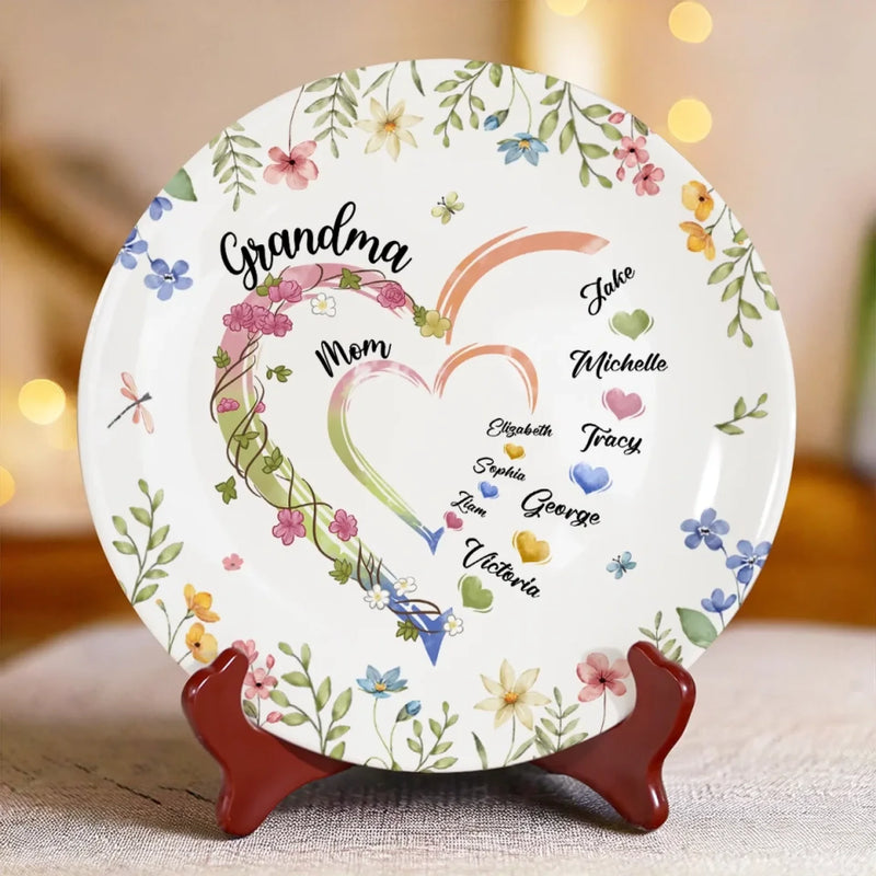 Grandma's Love Is The Heart Of Our Family - Family Personalized Custom Ceramic Plate - Mother's Day, Gift For Mom, Grandma