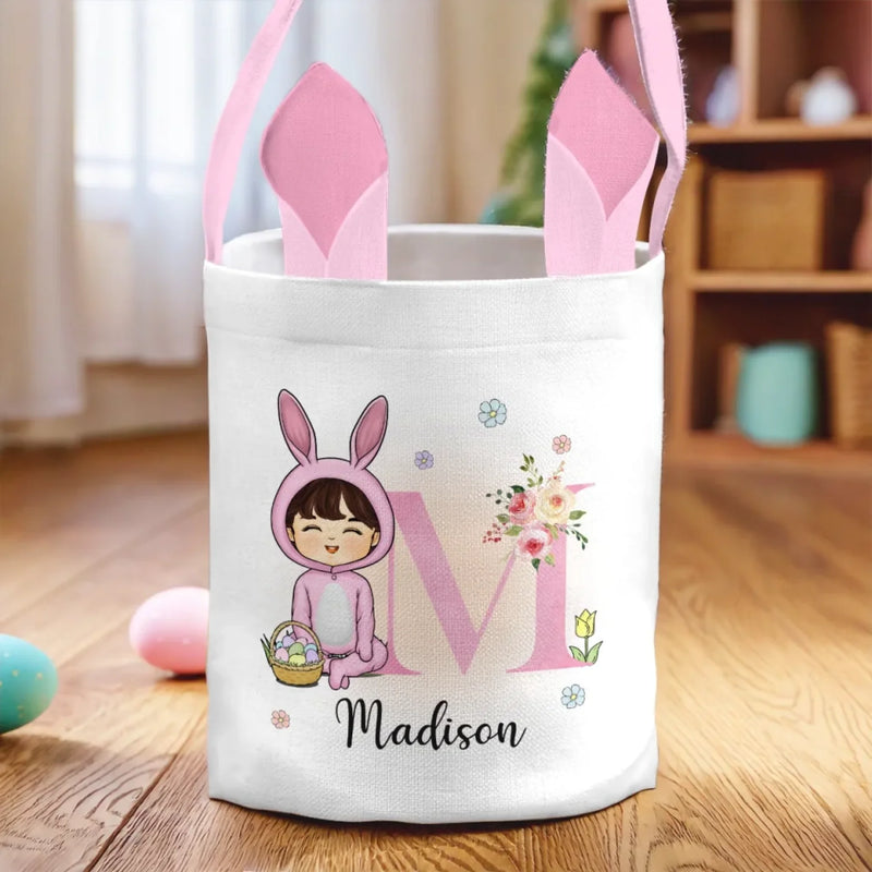 Hoppy Easter, Little Bunny - Family Personalized Custom Bunny Basket, Tote With Bunny Ears  - Easter Gift For Kids Egg Hunt, Family Members