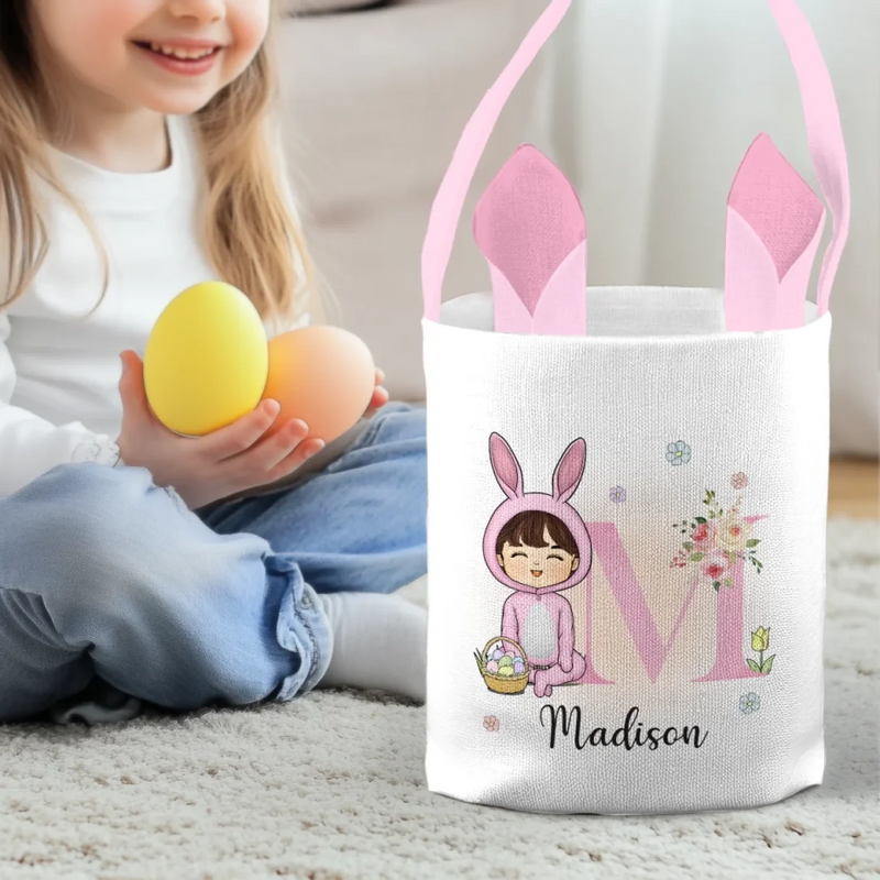 Hoppy Easter, Little Bunny - Family Personalized Custom Bunny Basket, Tote With Bunny Ears  - Easter Gift For Kids Egg Hunt, Family Members