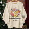 Each Flower Tells A Story, Every Name Holds Love - Family Personalized Custom Unisex Sweatshirt, Hoodie With Design On Sleeve - Mother's Day, Gift For Mom, Grandma