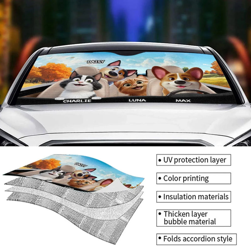 Paws On Board, Fun Ahead - Dog & Cat Personalized Custom Auto Windshield Sunshade, Car Window Protector - Gift For Pet Owners, Pet Lovers