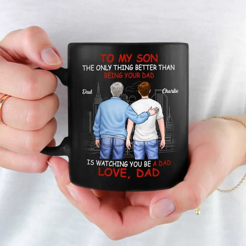Guiding You, Watching You Grow - Family Personalized Custom Black Mug - Father's Day, Gift For Son