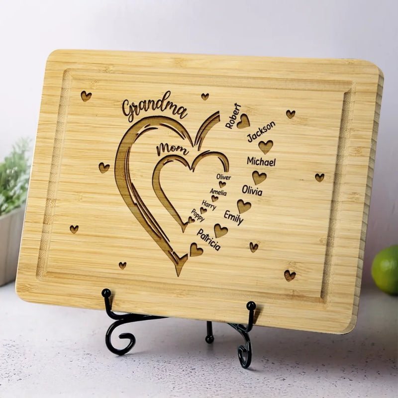 Seasoned With Love, Served With Warmth - Family Personalized Custom Engraved Wooden Cutting Board - Mother's Day, Gift For Mom, Grandma