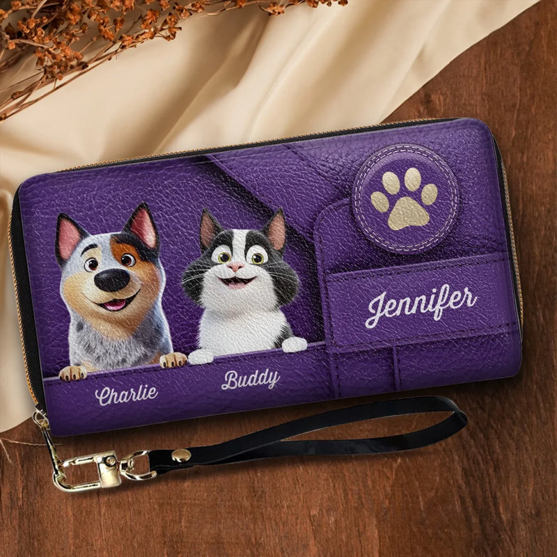 Happiness Is A Wagging Tail - Dog & Cat Personalized Custom Leather Long Wallet - Gift For Pet Owners, Pet Lovers