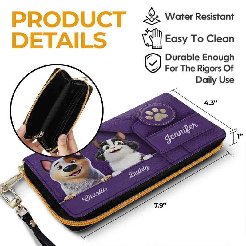 Happiness Is A Wagging Tail - Dog & Cat Personalized Custom Leather Long Wallet - Gift For Pet Owners, Pet Lovers