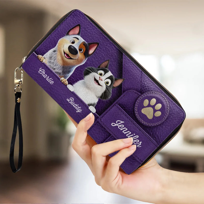 Happiness Is A Wagging Tail - Dog & Cat Personalized Custom Leather Long Wallet - Gift For Pet Owners, Pet Lovers