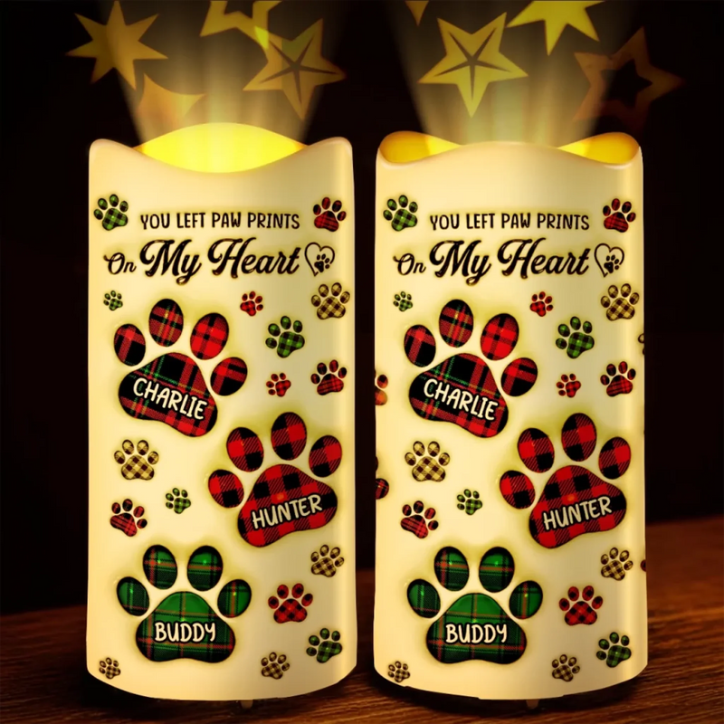 Your Paw Prints Are Forever Etched On My Heart - Memorial Personalized Custom LED Projection Flameless Candle - Sympathy Gift For Pet Owners, Pet Lovers