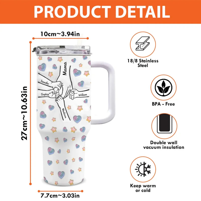 Holding Hands, Holding Hearts - Family Personalized Custom 3D Inflated Effect Printed 40 Oz Stainless Steel Tumbler With Handle - Mother's Day, Gift For Mom, Grandma