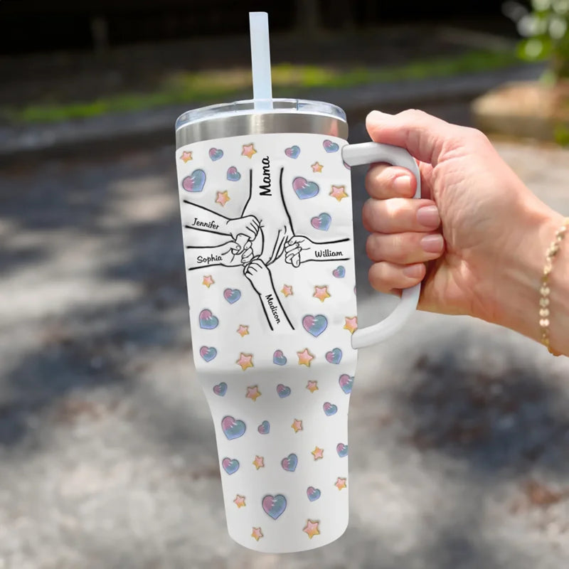 Holding Hands, Holding Hearts - Family Personalized Custom 3D Inflated Effect Printed 40 Oz Stainless Steel Tumbler With Handle - Mother's Day, Gift For Mom, Grandma