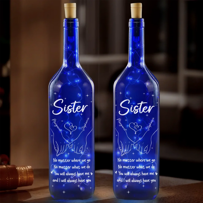 Through Every Moment, A Sister’s Love Shines Bright - Bestie Personalized Custom Blue Bottle Lamp - Gift For Best Friends, BFF, Sisters