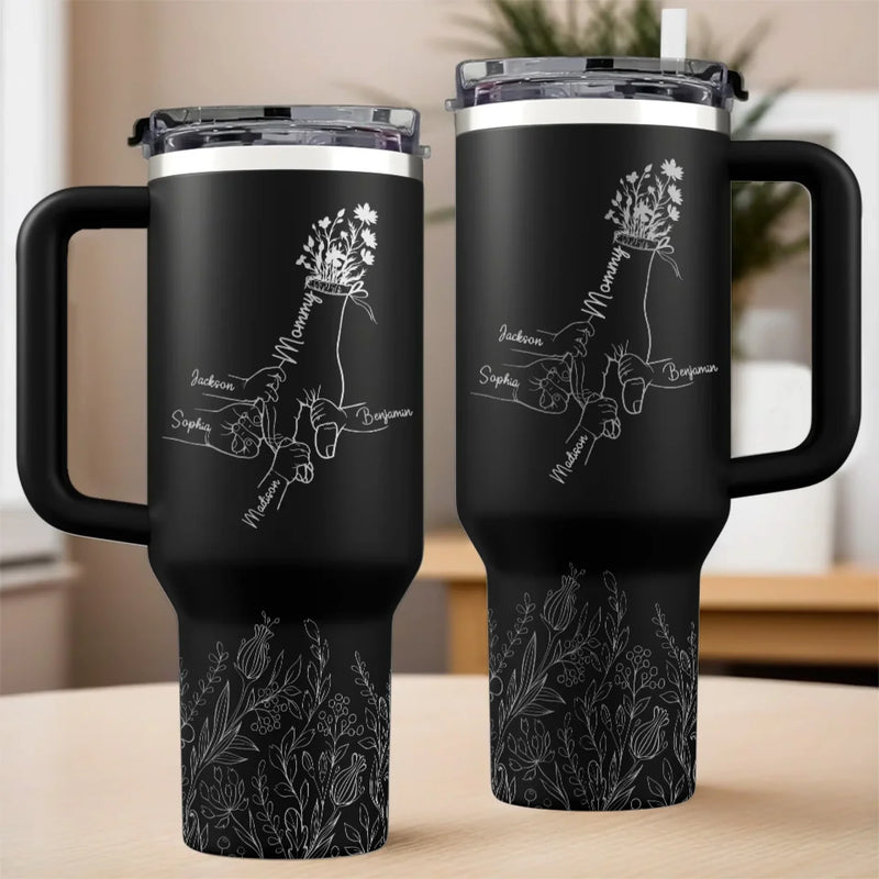 The Hands That Raised Us, The Love That Guides Us - Family Personalized Custom Engraved 40oz Tumbler With Handle - Mother's Day, Gift For Family