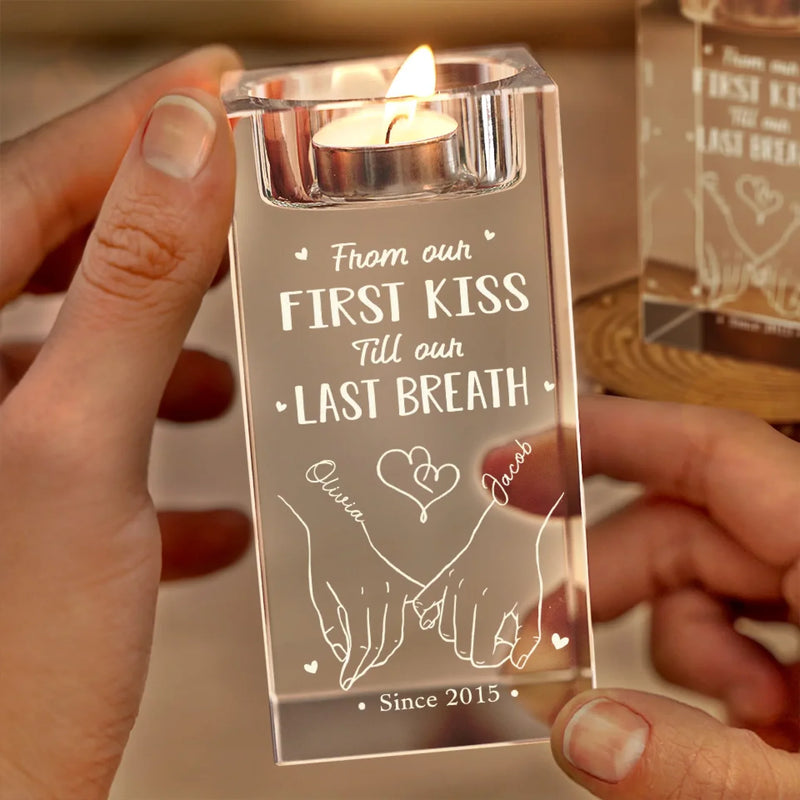 Our Love Story Never Ends - Couple Personalized Custom 3D Crystal Photo Laser Engraved, Crystal Candle Holder - Gift For Husband Wife, Anniversary