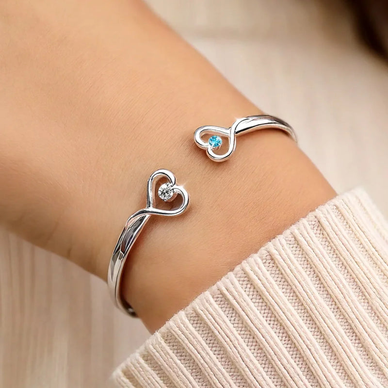 Friendship Lasts Forever - Bestie Personalized Custom Engraved Infinity Heart Bangle With Birthstones - Gift For Best Friends, BFF, Sisters