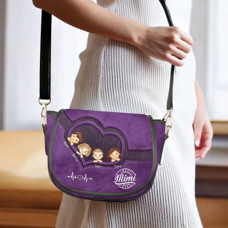 A Purse Full Of Love, A Heart Full Of Grandkids - Family Personalized Custom Leather Saddle Bag - Mother's Day, Gift For Mom, Grandma