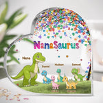 Love Grows Where Mom Is - Family Personalized Custom Heart Shaped Acrylic Plaque - Mother's Day, Gift For Grandma, Kids, Dinosaur Lovers