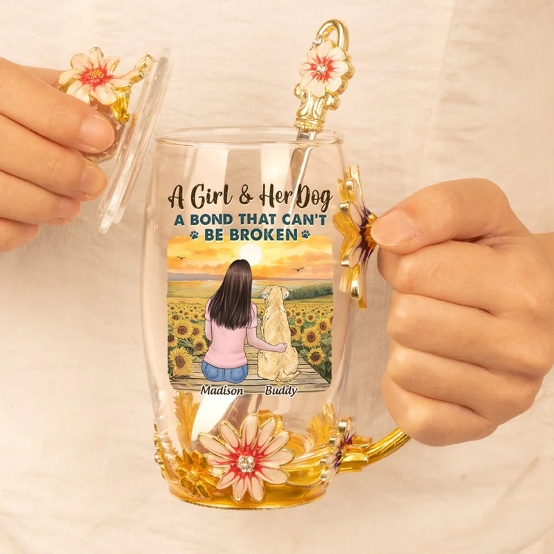 A Bond That Can't Be Broken - Dog Personalized Custom Enamel Flower Tea Cup With Lid & Spoon - Mother's Day, Gift For Dog Lovers, Daughters, Sisters
