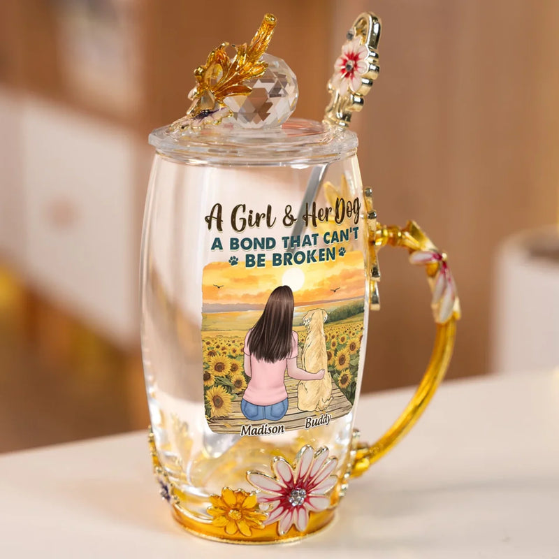 A Bond That Can't Be Broken - Dog Personalized Custom Enamel Flower Tea Cup With Lid & Spoon - Mother's Day, Gift For Dog Lovers, Daughters, Sisters
