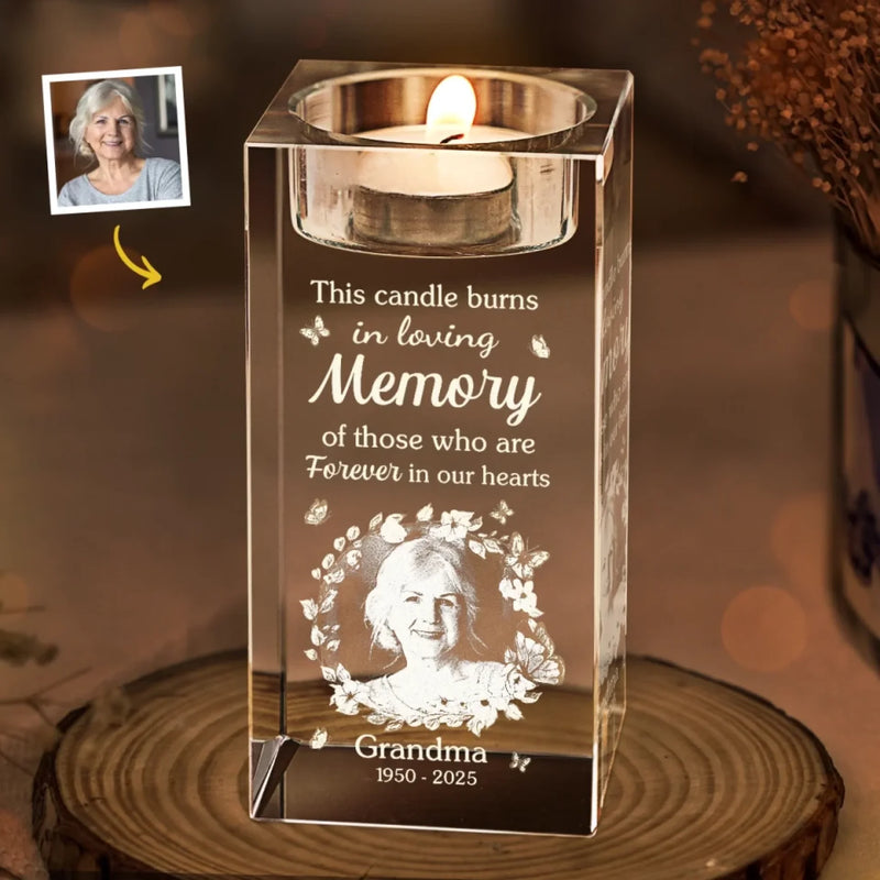 Custom Photo You Stay Forever In Our Hearts - Memorial Personalized Custom 3D Crystal Photo Laser Engraved, Crystal Candle Holder - Sympathy Gift For Family Members