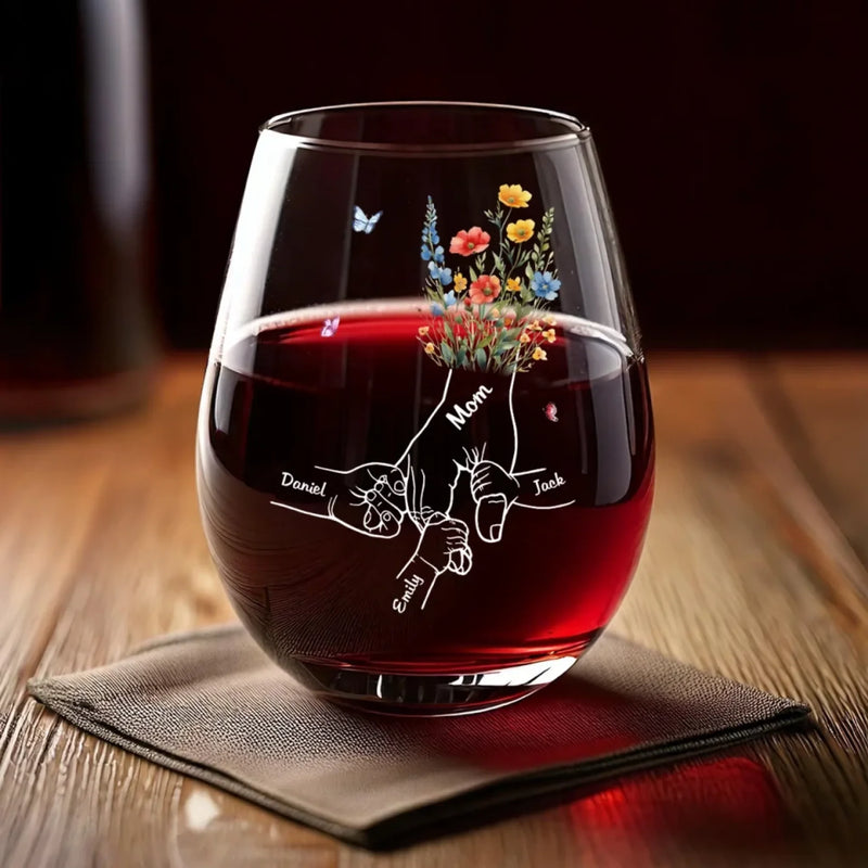 Mom’s Love Binds Us Forever - Family Personalized Custom Wine Glass - Mother's Day, Gift For Mom, Grandma
