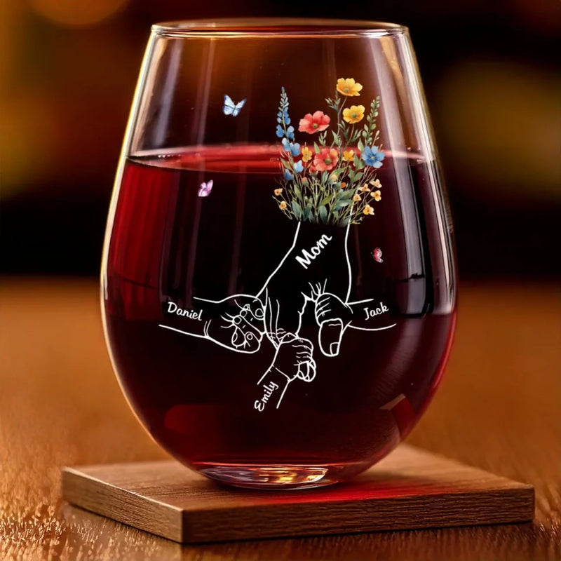 Mom’s Love Binds Us Forever - Family Personalized Custom Wine Glass - Mother's Day, Gift For Mom, Grandma
